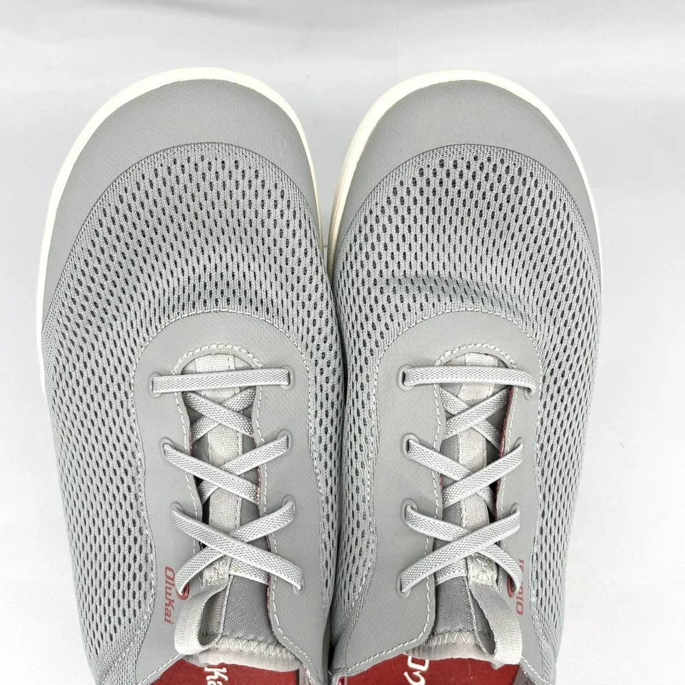 OluKai Moku Pae Mens 12 Fog Gray Red Mesh Boat Shoes Sneakers Casual Comfort